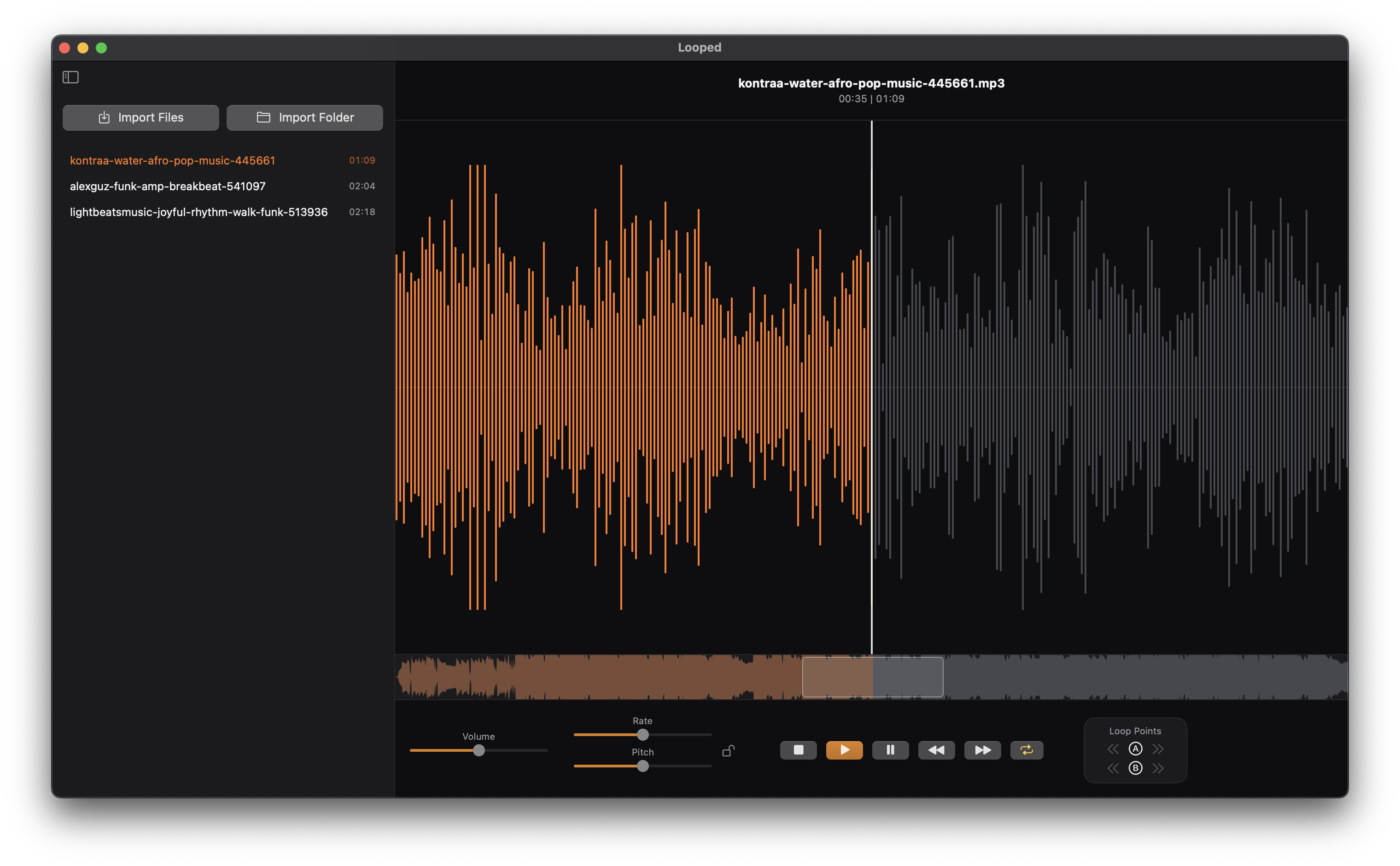 Looped: waveform with A/B loop points, track library sidebar, transport controls